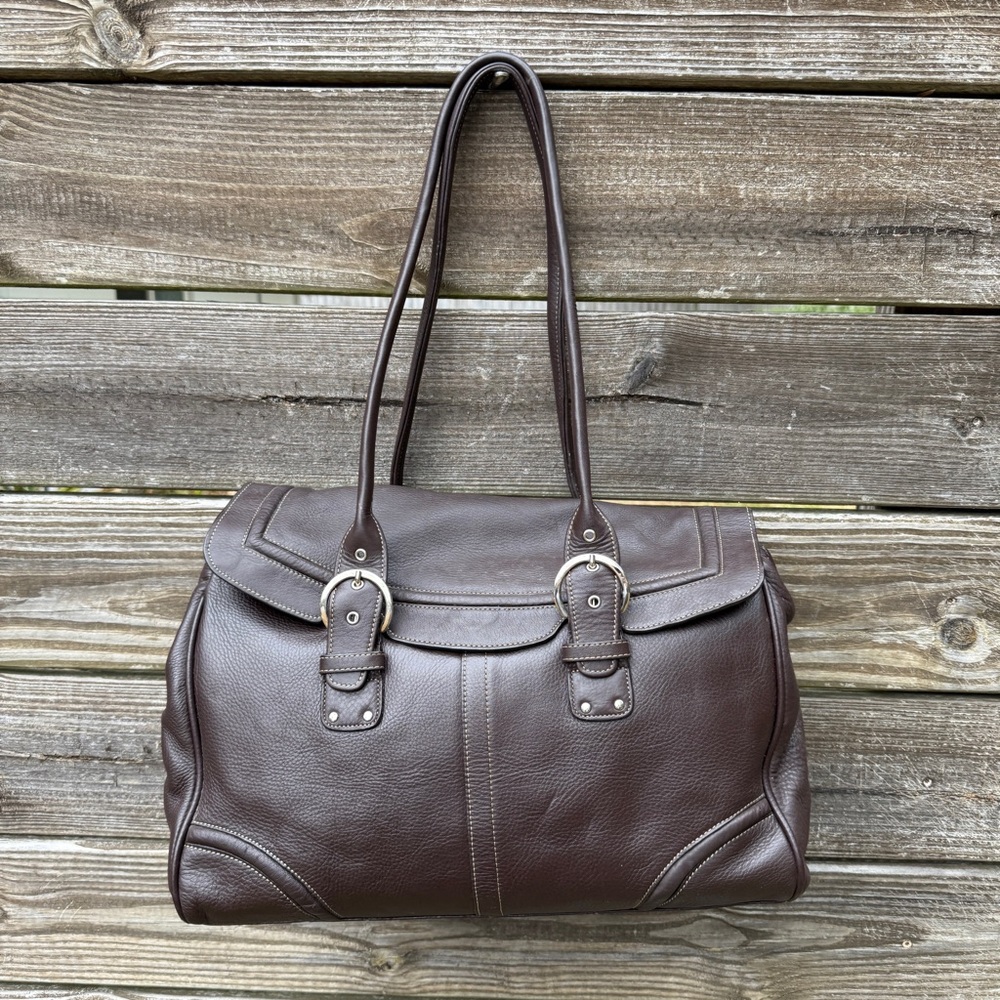 Franklin Covey Chocolate Brown Leather Laptop Satchel Tote Shoulder Bag Large